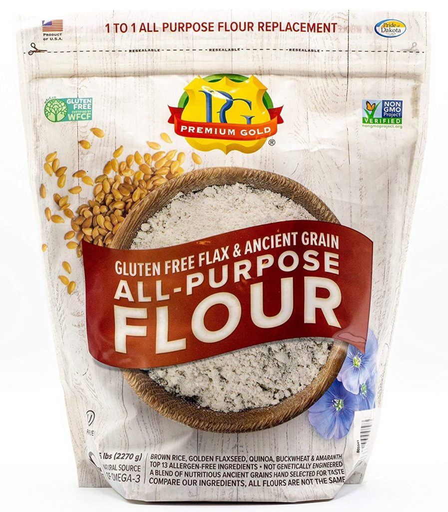 premium gold gluten free all purpose flour isolated on white background
